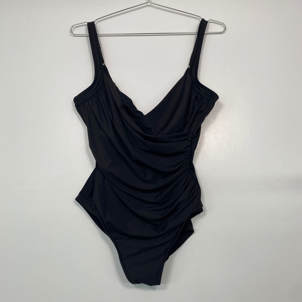 Miraclesuit‎ Womens One Piece Swimsuit Size 12 Black Ruched Surplice Slimming